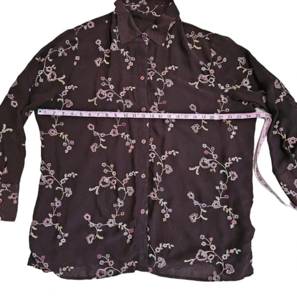 Unbranded Large Vintage Sheer Lined Brown Button Down Cherry Blossom Blouse Rare - Picture 10 of 11